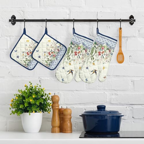 Country Wildflower Oven Mitts and Pot Holders Set (Retro Wildflowers / Oven Mitt x2 & Pot Holder x2)