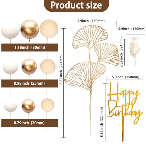 57Pcs Khaki Balls Cake Topper Boho Grass Cake topper Pearl Balls Acrylic Happy Birthday Cake Decorations for Wedding Baby Shower Birthday Boho Themed Party Supplies Khaki White Gold (57 Count)
