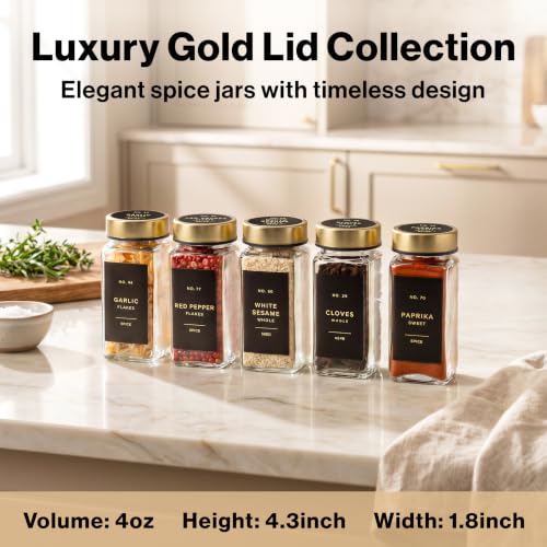 Glass Spice Jars with Label (Gold Steel Lid)