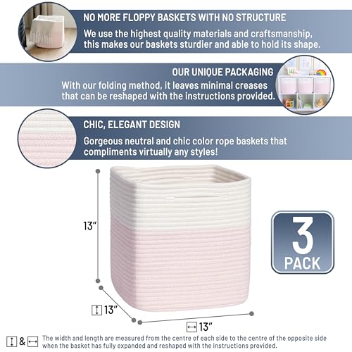 13 Inch Cube Storage Bins Cotton Rope Woven Baskets for Organizing 3 (Off White & Mixed Pink / 13 x 13 x 13 (Standard))
