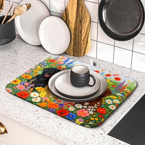 Flower Dog Dish Drying Mat Spring Floral Microfiber Absorbent Dish Drying Pad for Kitchen Counter (Flower Dog Colorful / 18" x 16")