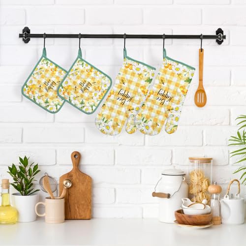 Bee Daisy Oven Mitts and Pot Holders Set (Bee Daisy / Oven Mitt x2 & Pot Holder x2)