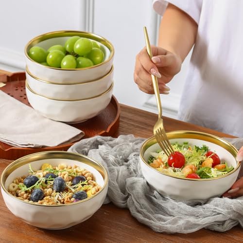 Ceramic Salad Bowls Set for Kitchen (White with Golden)
