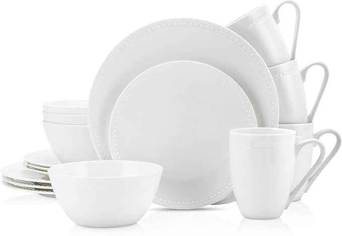 Stone Lain Ava Bone China Formal Dinnerware Set, 16-Piece Everyday Dish Service for 4 Includes Plates, Bowls, and Mugs | Chip + Scratch Resistant| White with Embossed Pinpoint Design