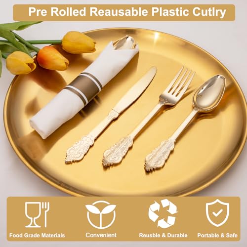 400PCS Gold Wrapped Silverware Disposable Fancy for Parties Weddings (Gold - Fancy)