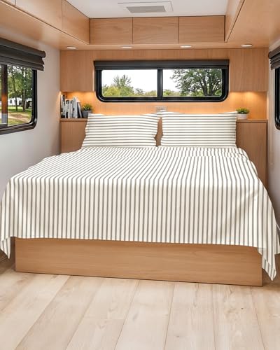 Short Queen Size 4 Piece Bed Sheet Set (44 - Beige Stripes 2 / Short Queen)