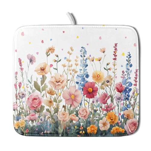 Colorful Flower Dish Drying Mat 16x18 Inch Botanical Floral Drainer Rack Mats Washable Absorbent Dish Dry Pad for Kitchen Counter Sink (Colorful Flower / 16" x 16")