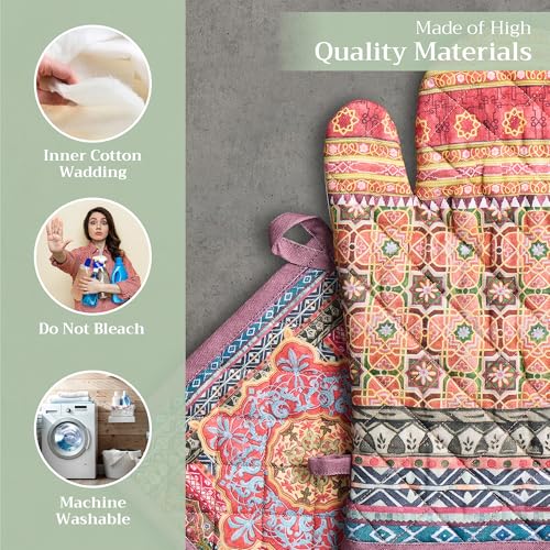 100% Cotton Oven Mitt & Pot Holder Set (075 - Ispahan / 7.5" x 13" & 8" x 8" (Oven Mitt & Pot Holder))