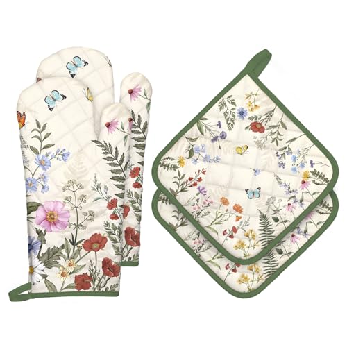 Wildflower Oven Mitts and Pot Holders Set (Grass / Oven Mitt x2 & Pot Holder x2)