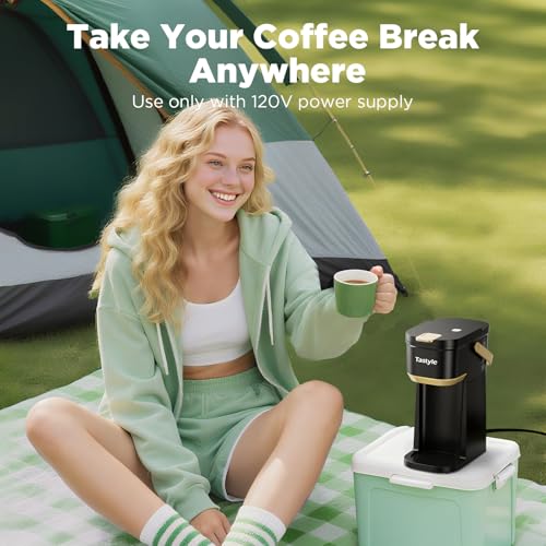 Mini Single Serve Coffee Maker for K Cups and Grounds with Handle (Black and Gold)