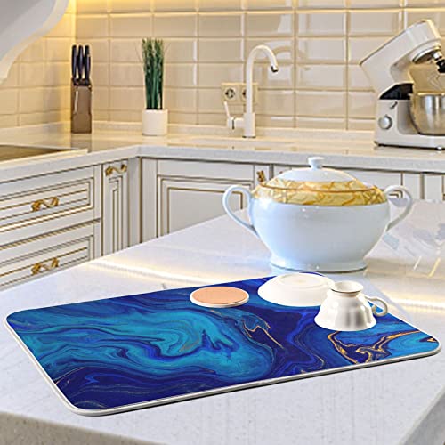 Super Absorbent Dish Drying Mat (Navy Blue Gold Marble / 16" x 18")