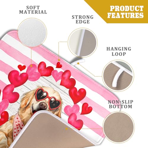 Valentine's Day Dog Dish Drying Mat for Kitchen Counter 16x18 inch Heart Rose Absorbent Dish Drainer Rack Mats for Coffee Bar Countertop (Heart Rose Dog / 16" x 18")