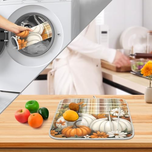 Autumn Fall Thanksgiving Dish Drying Mat for Kitchen Counter Absorbent Microfiber Small Orange White Pumpkin Small Drying Pad Dish Mats for Kitchen Countertops 16 x 18 Inch (Thanksgiving Pumpkins / 18" x 16")