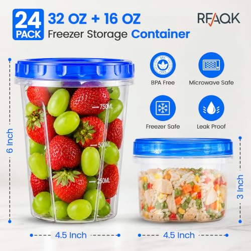 Freezer Storage Containers with Lids (24 PACK - 16/32 OZ - BLUE)