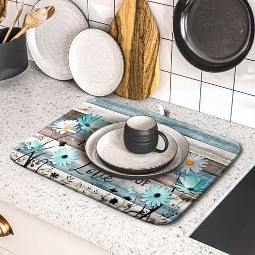 Daisy Floral Dish Drying Mat 16x18 Inches Rustic Wood Microfiber Absorbent Reversible Dish Draining Pad Fast Dry Kitchen Accessories (Home Happiness Wood / 16" x 18")
