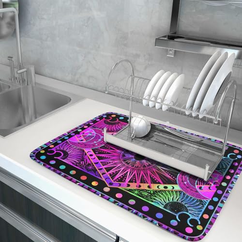 Purple Absorbent Dish Drying Mat Sun and Moon Microfiber Drying Pad for Kitchen Counter Decor Large (Hippie Bohemian 829 / 24" x 18")