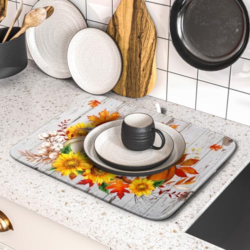 Hello Fall Dish Drying Mat for Kitchen Counter 16x18 Inch Orange Pumpkin Absorbent Drying Pad with Hanging Loop Autumn Home Decoration (Hello Fall Pumpkin / 16" x 18")