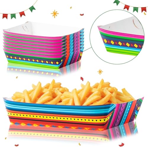 Mexican Taco Nights Food Trays 100Pcs Mexican Nacho Popcorn Unassembled Trays Snack Candy Holder Disposable Paper Plates Holiaday Carnival Party Supplies Concession Stand Food Containers (Mexican Blue)