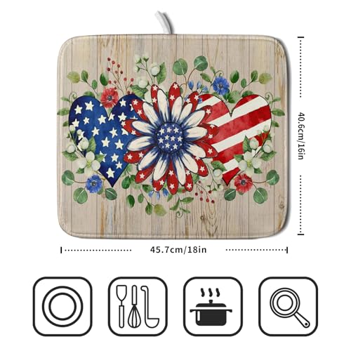 Independence Day Dish Drying Mat 16x18 inch Patriotic Love Heart Fast Dry Microfiber Dishes Drainer Rack Pad Kitchen Counter Accessories (Patriotic Floral Heart / 16" x 16")
