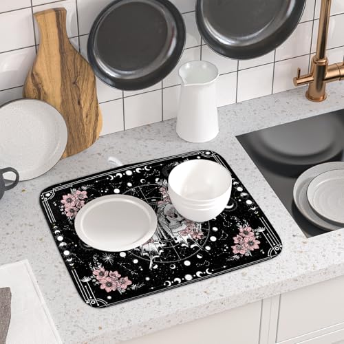 Skeleton Butterfly Dish Drying Mat Black Skull Absorbent Dish Drainer for Kitchen Counter Holiday Decor (Skeleton Butterfly Black / 18" x 16")