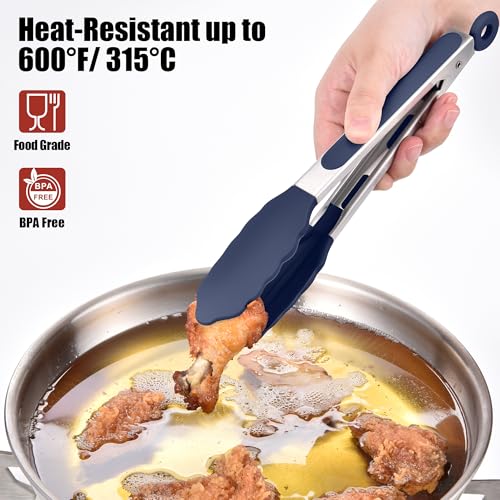 Kitchen Tongs with Silicone Tips for Cooking Serving (9in / Navy Blue)