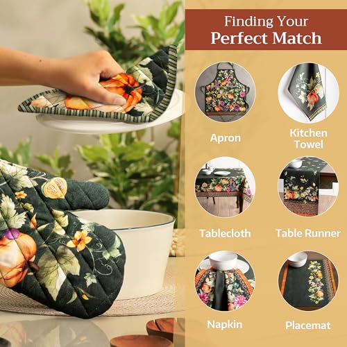 Pot Holders 100% Cotton Potholders (026 - Pumpkin Garden - Dark Green / 8" x 8" (Pot Holder Pack of 2))