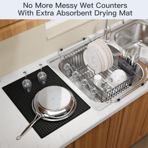 Grey Expandable Dish Drying Rack Over Sink with Extra Drying Mat (Gray / For 11.5"-16" W Sink with Cup Holder & Mat)
