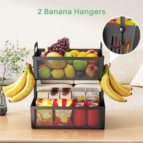 2 Tier Fruit Basket for Kitchen Counter with 2 Banana Hangers