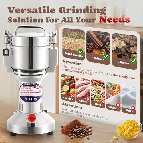 Grain Mill Grinder Electric 500g Commercial Spice Grinder 2500W Stainless Steel Pulverizer Dry Grinder Grinding Machine (Silver / 500g Upright)