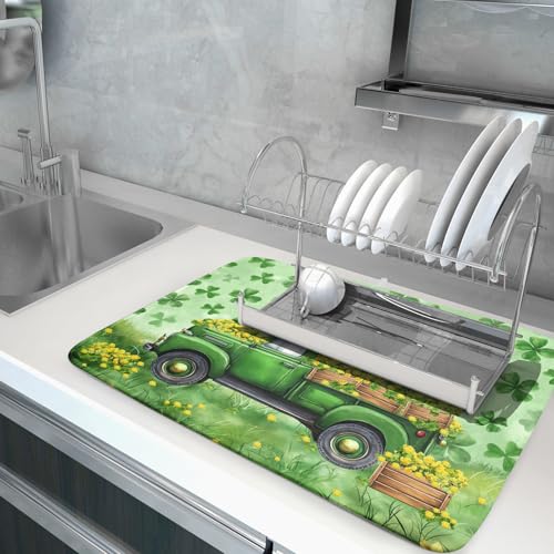 Holiday Dish Drying Mat for Kitchen Counter（Green Lucky Truck） (Green Lucky Truck / 24" x 18")