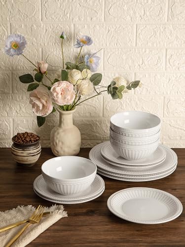 Ceramic Plates and Bowls Sets (Embossed White / Service for 8)