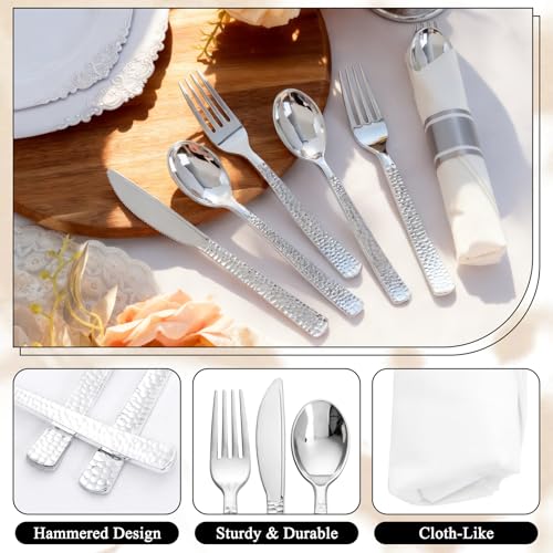 400PCS Silver Wrapped Silverware Set Disposable Hammered for Wedding (Silver - Hammered)