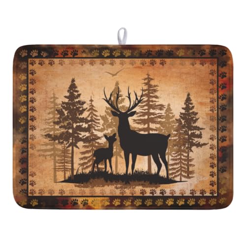 Forest Deer Dish Drying Mat Wildlife Animal Dishes Pad 18"x24" Microfiber Absorbent Fast Dry Drainer Rack Mats for Kitchen Countertop Decor (Forest Deer Brown / 18x24 inch)