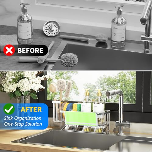 Kitchen Sink Caddy Organzier with High Brush Holder (Silver With Towel Rack / 9.25 inches)