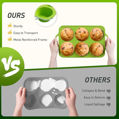 2 Packs 6 Cups Silicone Muffin Pan with Metal Reinforced Frame Jumbo Size Cupcake Pan Tray Egg Bites Silicone Circle Cookie Molds Muffin Tin Tart Pans Baking Sheet Set for Breakfast Sandwiches (2pc: 6-Cup Jumbo / Green)