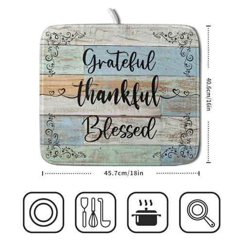 Rustic Wood Dish Drying Mat 16x18 Inch Grateful Thankful Blessed Kitchen Drainer Mats Absorbent Microfiber Rack Holder Countertop Pad (grateful thankful / 16" x 18")