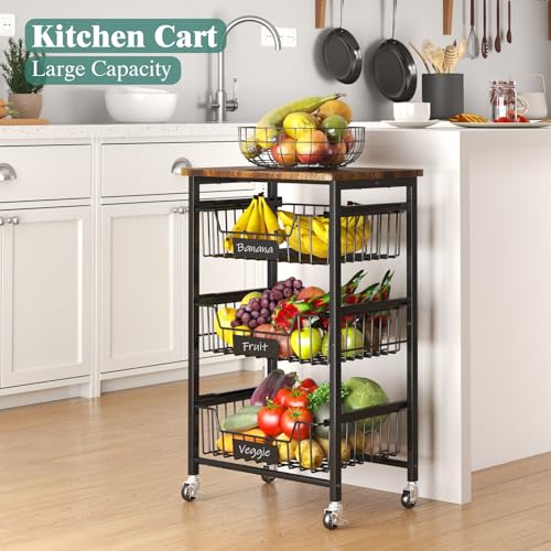 4 Tier Vegetable Fruit Basket Kitchen Storage Rolling Cart on Wheels with Pull (4 Tier / Black)