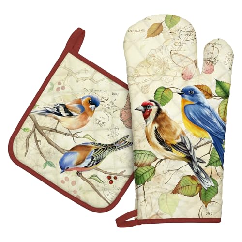 Vintage Bird Oven Mitts and Pot Holders Set (Retro Bird / Oven Mitt x1 & Pot Holder x1)