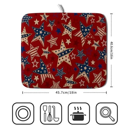 4th of July Dish Drying Mat for Kitchen Counter Patriotic Red Absorbent Dishes Dryer Pad (Patriotic Stars Red / 18" x 16")