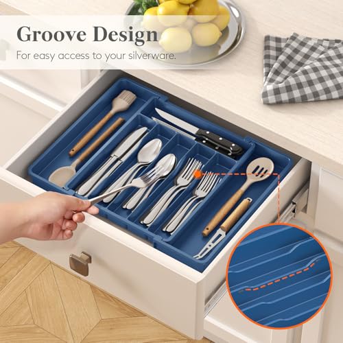 Expandable Silverware Drawer Organizer (Dark Blue / Large (11-18''W x 14''D))