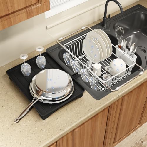 White Expandable Dish Drying Rack Over Sink with Extra Drainboard (White / For 11.5"-16" W Sink with Cup Holder & Drainboard)