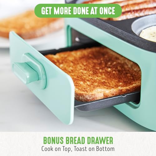 3-in-1 Breakfast Maker Station, Healthy Ceramic Nonstick Dual Griddles for Eggs Meat Sausage Bacon Pancakes and Breakfast Sandwiches, 2 Slice Toast Drawer, Easy-to-use Timer, Turquoise (Turquoise / 11" Breakfast Maker / Breakfast Maker)