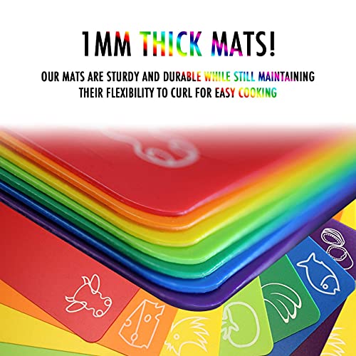 Cutting Board Mats Flexible Plastic Colored Mats with Food Icons (Rainbow - 7 Pieces)