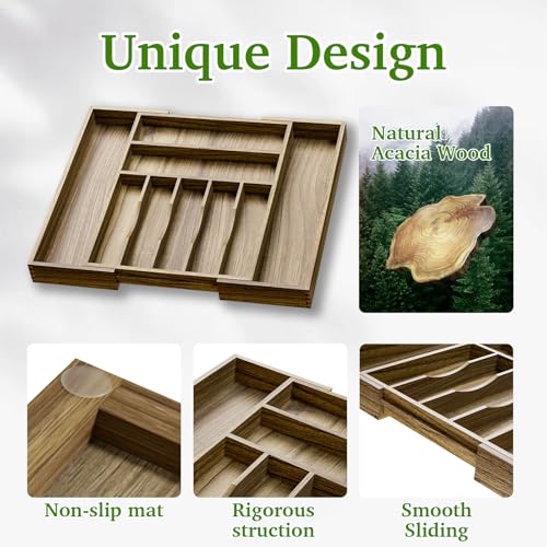 Acacia Wood Kitchen Silverware Drawer Organizer (9 Slots)