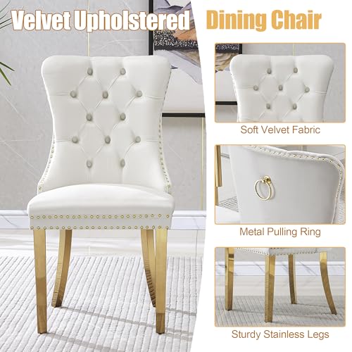 7 Piece Glass Dining Table Set for 6 (Black Table & Gold White Chair / 7-Piece Set-OC-Shaped Table)