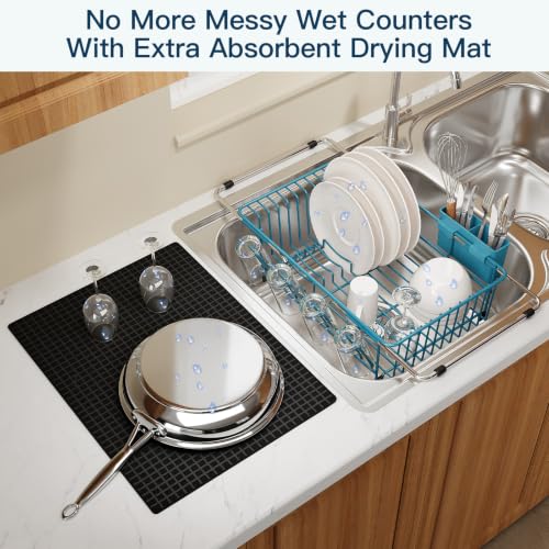 Blue Expandable Dish Drying Rack Over Sink with Extra Drying Mat (Blue / For 11.5"-16" W Sink with Cup Holder & Mat)