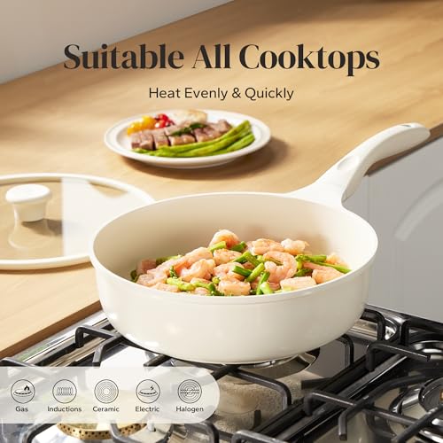 Nonstick Deep Frying Pan with Lid (Beige / 10inch Saute Pan With Lid)