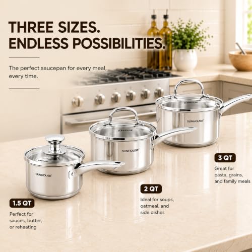 3 Piece Stainless Steel Saucepan Set with Lids 1.5QT & 2QT & 3QT