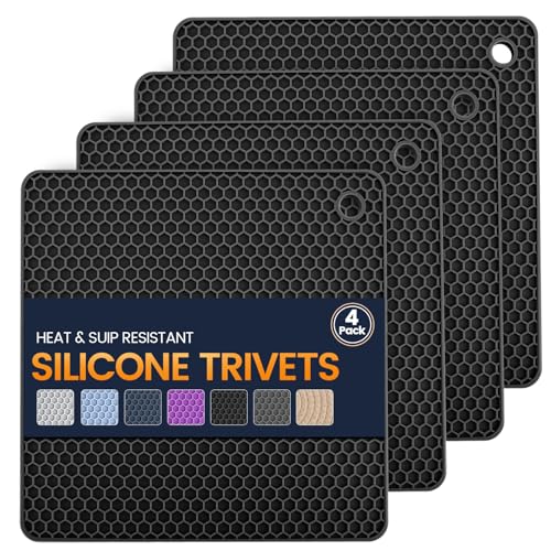 Silicone Trivet Mats 4 Heat Resistant Pot Holders Multipurpose Non (Dark Black)