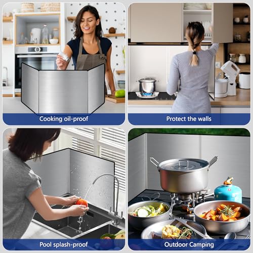 4 Sided Grease Splatter Guard Foldable Splatter Guard for Stove Stainless Steel Oil Splatter Screens Backsplash for Wall Gas Range Frying Pan Camping (11.8×31.5×15.7inches)